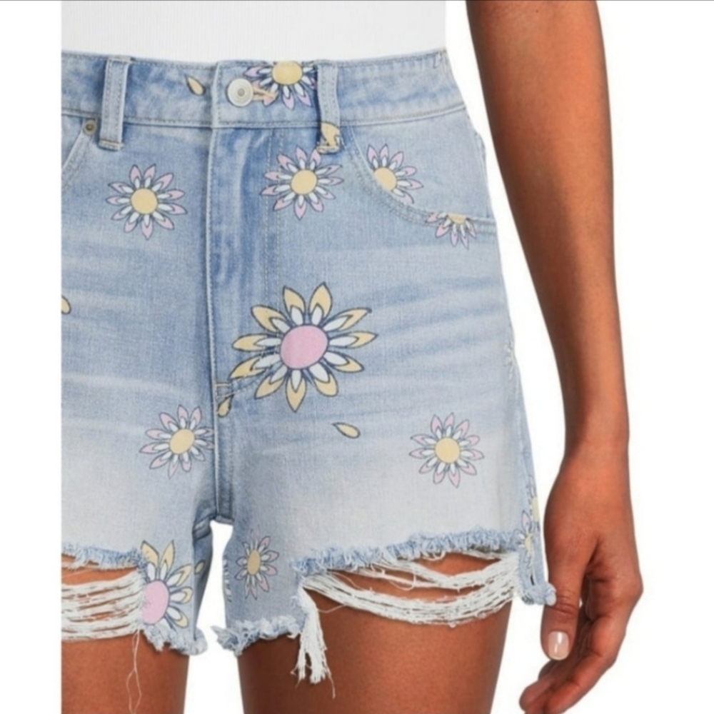 No Boundaries Juniors Size 7 Denim Raw Hem Floral Boho Hippie Shorts Hi-Rise